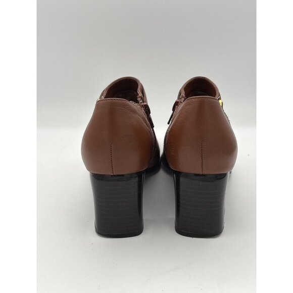 Women’s AJ Valenci Size 7 Brown Leather Heeled Ankle Boots with Gold Side Buckle - Picture 5 of 6